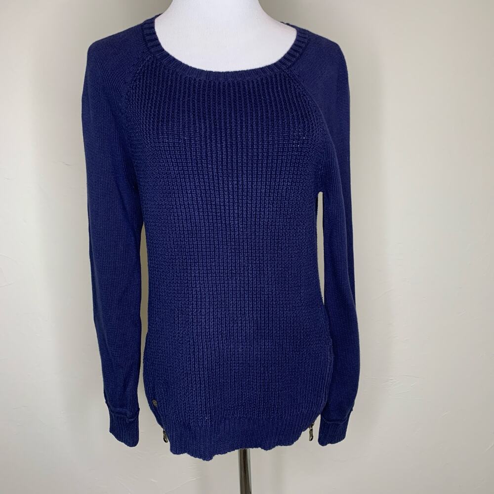 Ralph Lauren Blue Sweater Brass Zipper Detail Crewneck Sz Medium